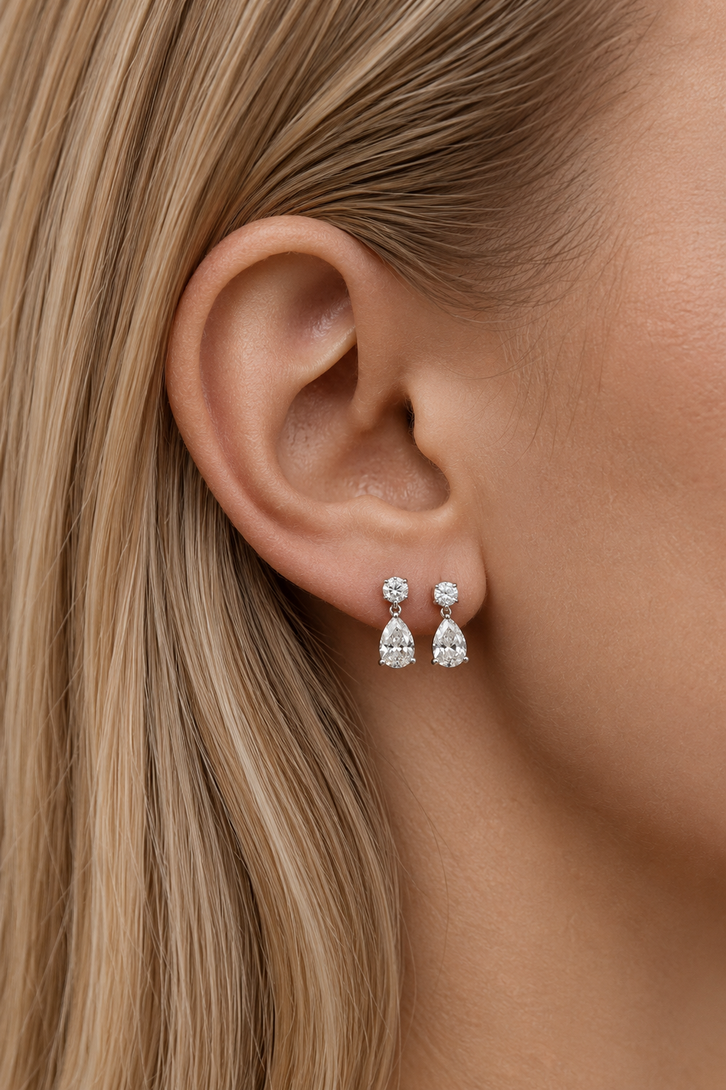 Round and Pear Diamond Drop Earrings