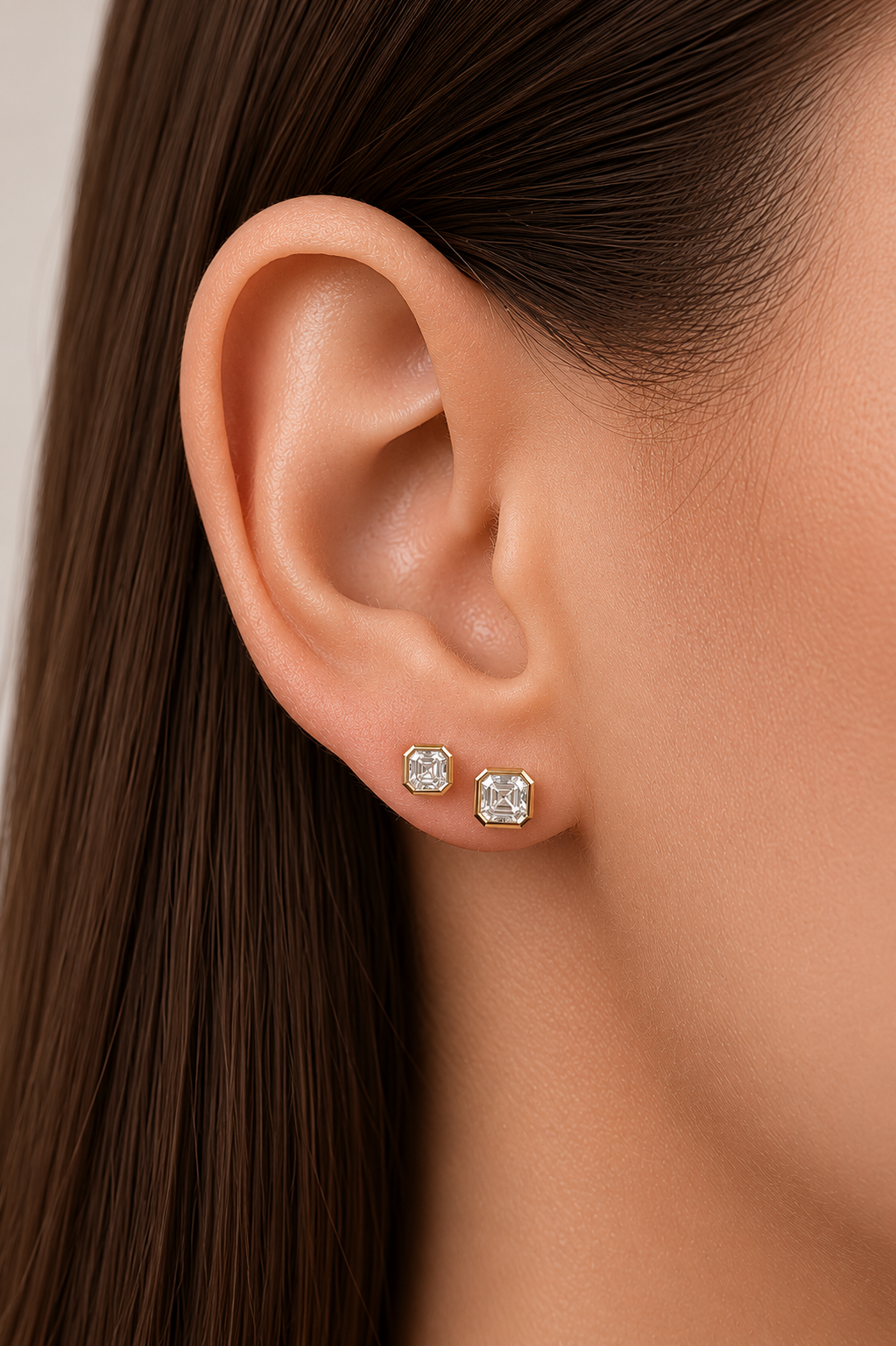 Asscher Half Bezel Lab Diamond Stud Earrings